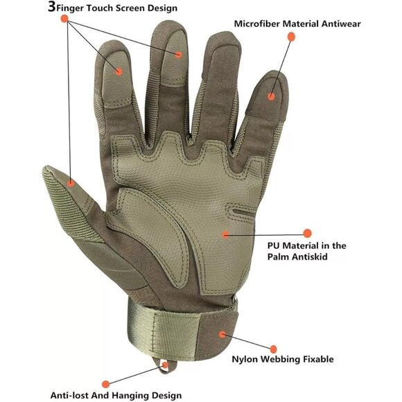 Touch Screen Tactical Gloves Green Full Finger Outdoor Riding Hiking Work Gloves - Picture 7 of 7
